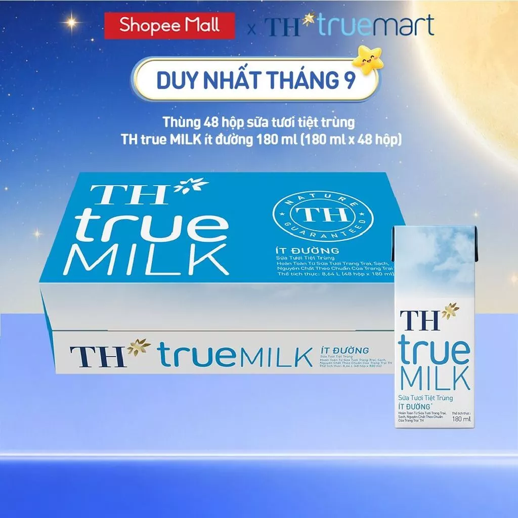 [LIVE STREAM] Thùng 48 hộp sữa tươi tiệt trùng TH true MILK ít đường 180 ml (180 ml x 48)