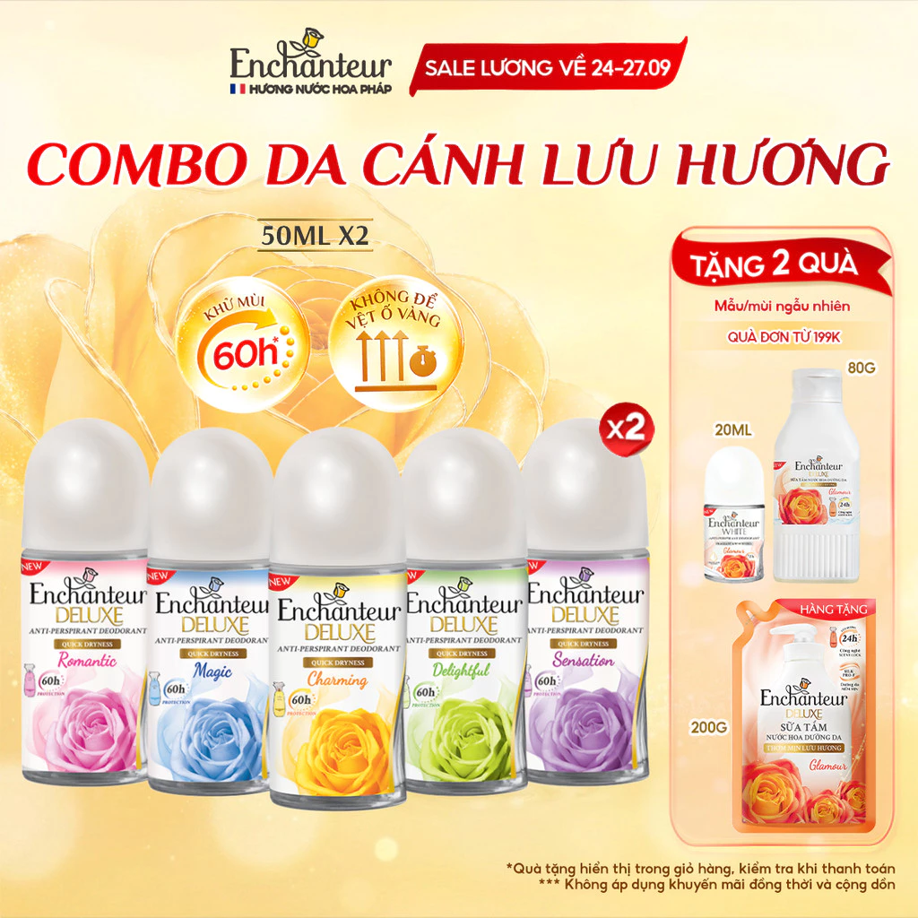 COMBO 2 Lăn khử mùi Enchanteur hương nước hoa Pháp không để lại vệt ố vàng 50ml x 2