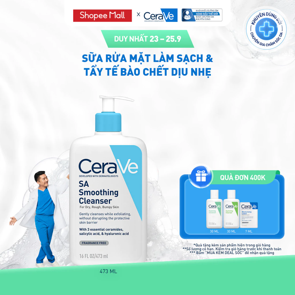 Sữa rửa mặt làm sạch da, loại bỏ dầu thừa và tẩy tế bào chết dịu nhẹ không gây khô da CeraVe SA Smoothing Cleanser 473ML