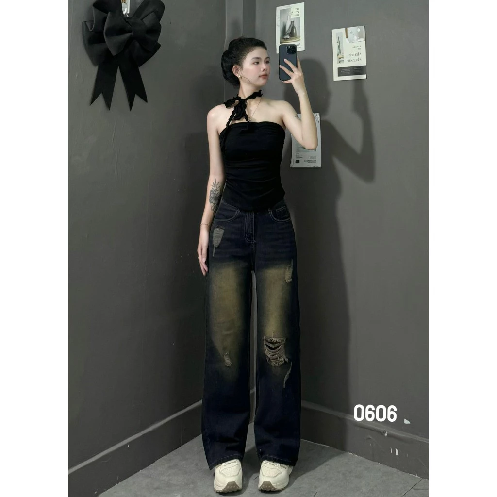 Quần Jeans Nữ Ống xuông Đen Rách Nhiều 0631 Lưng Cao Thời Trang Phong Cách Cá Tính Trẻ Trung Năng Động