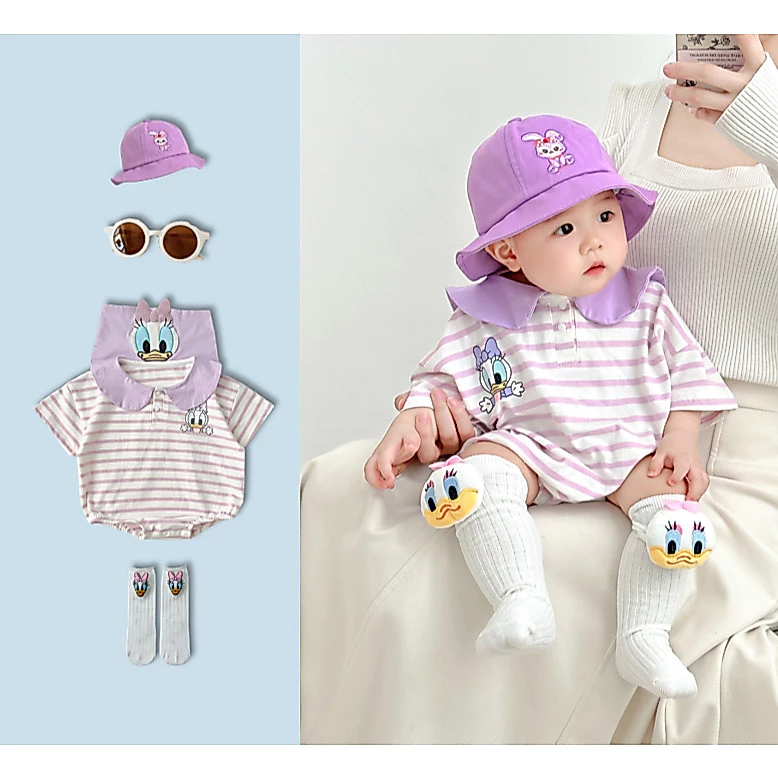 Bé mùa hè áo ngắn Jumpsuit Bông thời trang hồng Hải quân lãnh đạo vịt phong cách Hàn Quốc Romper 0-24 M