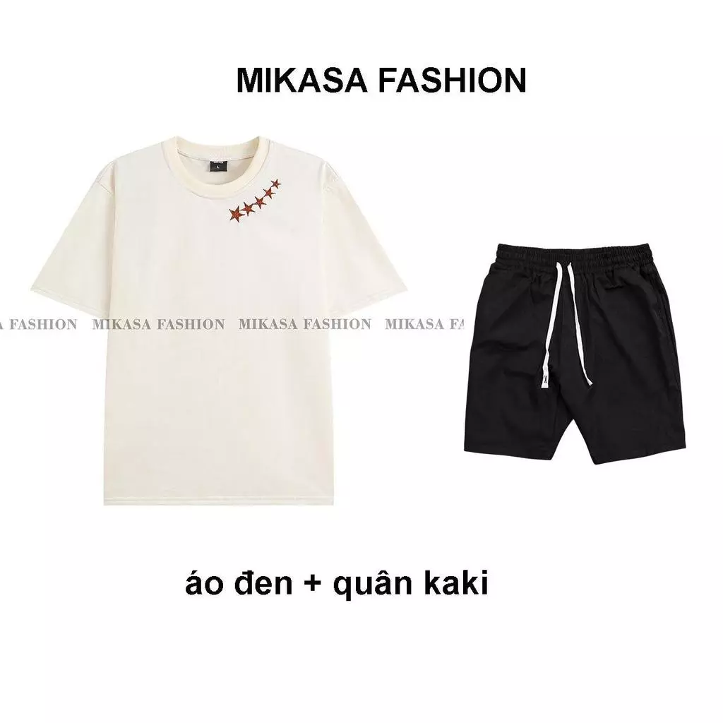 { bộ cổ tròn thêu sao } Bộ quần áo chất cotton kết hợp quần kaki , chất liệu vải thoáng mát , thanh lịch trẻ trung