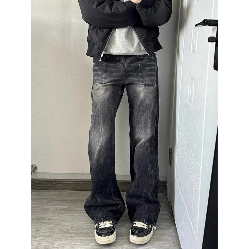 Nam Vintage Giặt Dọc Whisker Flare Jeans Thấp Tầng Rời Đen Xám Tầng ‐ Chiều Dài Quần loe