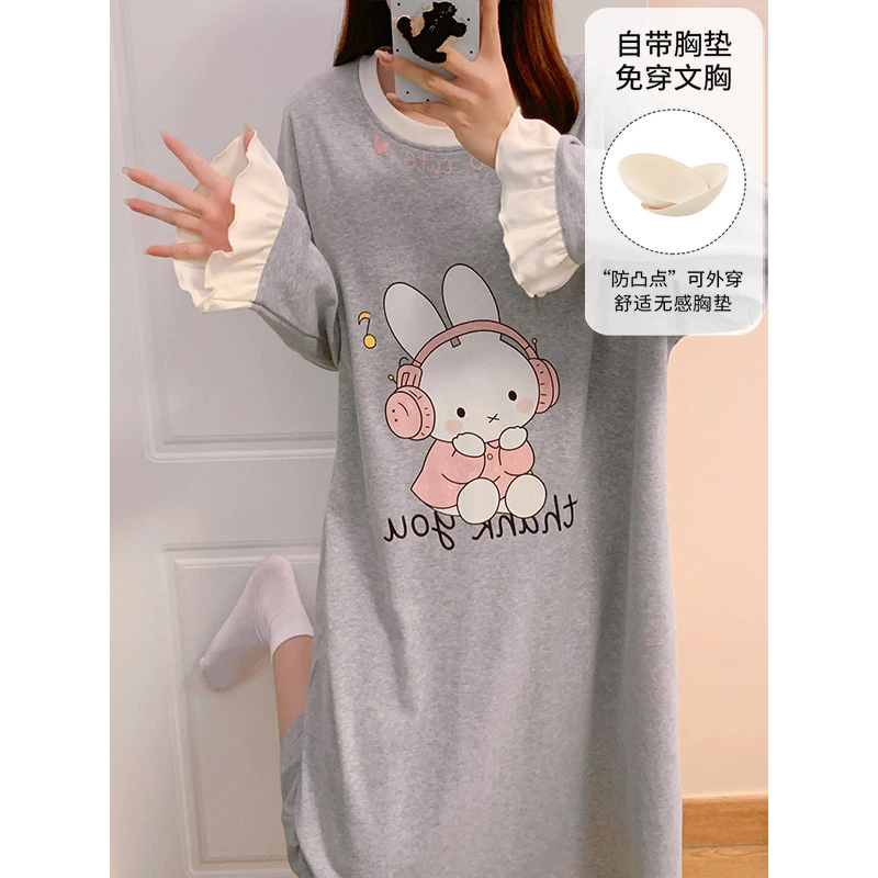 Đệm Váy Ngủ Bộ Đồ Ngủ Nữ Plus Kích Thước Bộ Đồ Ngủ Đầm Thu Đông Tay Dài Đồ Ngủ Người Phụ Nữ Rời Mặc Ở Nhà M-3XL