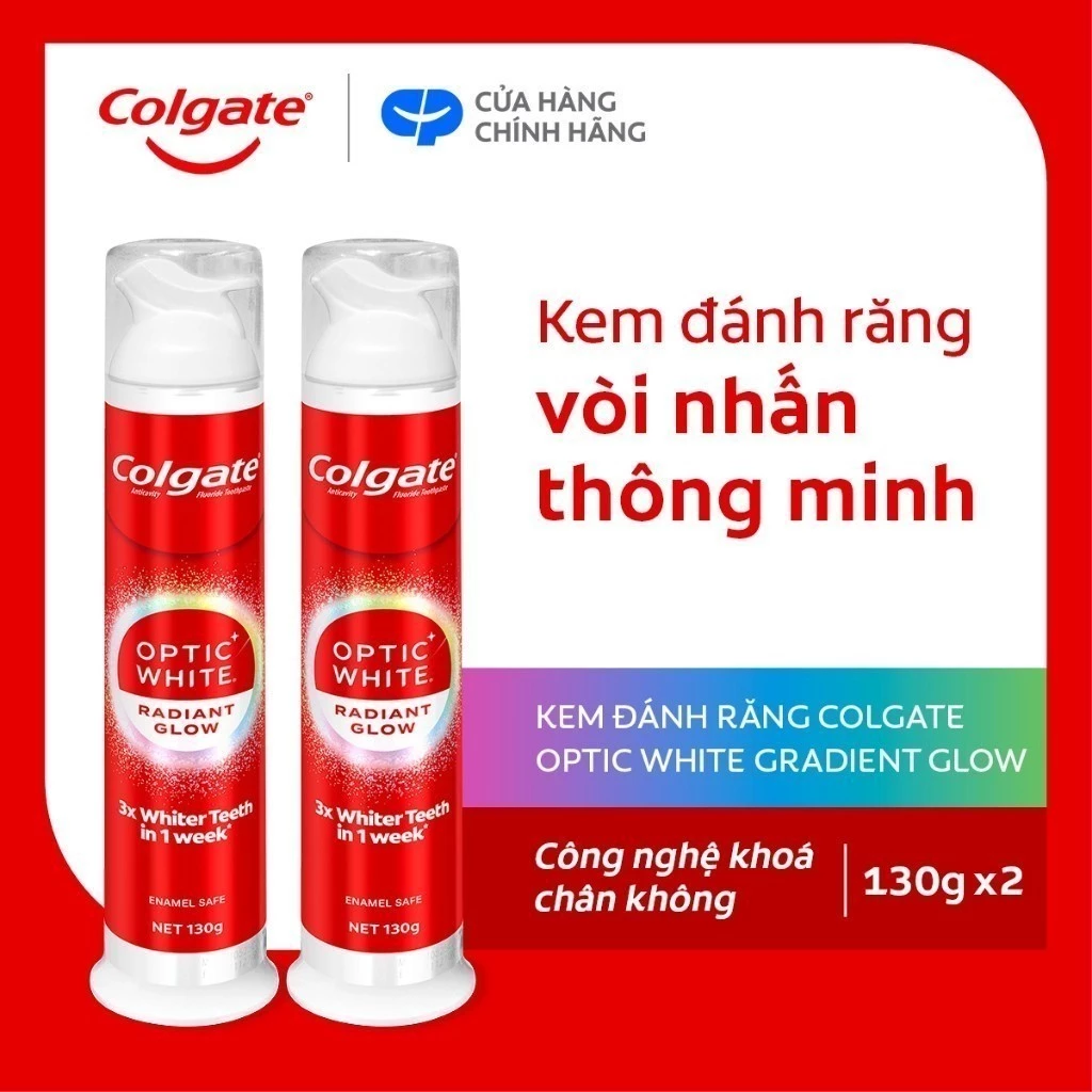 [MỚI] Bộ 2 kem đánh răng Colgate vòi nhấn thông minh Optic White Radiant Glow, khóa chân không 130g/ống