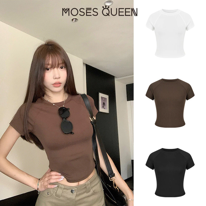 MOSESQUEEN Áo thun nữ tay ngắn cổ tròn vai chuẩn ôm dáng, áo cropped cơ bản mùa hè đa dụng tôn dáng #63408