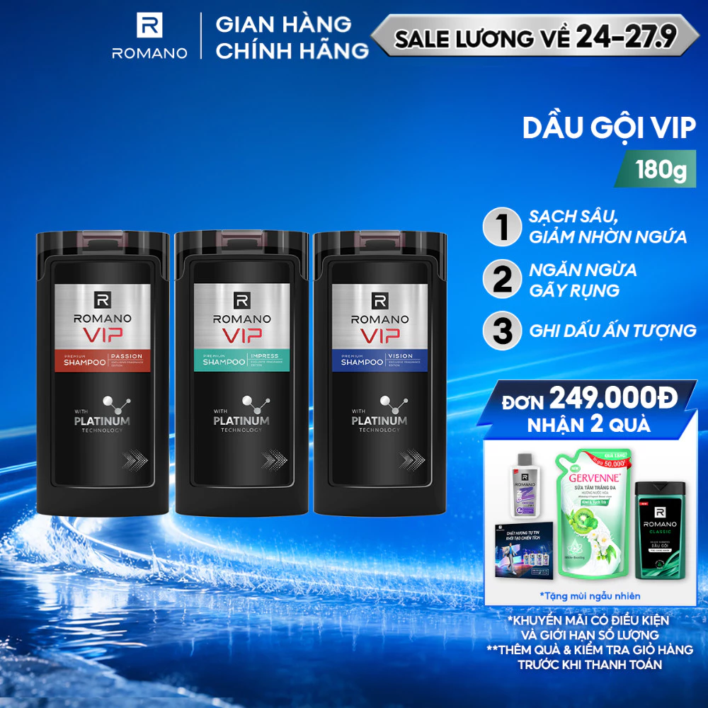 Dầu gội nam cao cấp Romano VIP mạnh mẽ bí ẩn Passion / Vision / Impress 180g