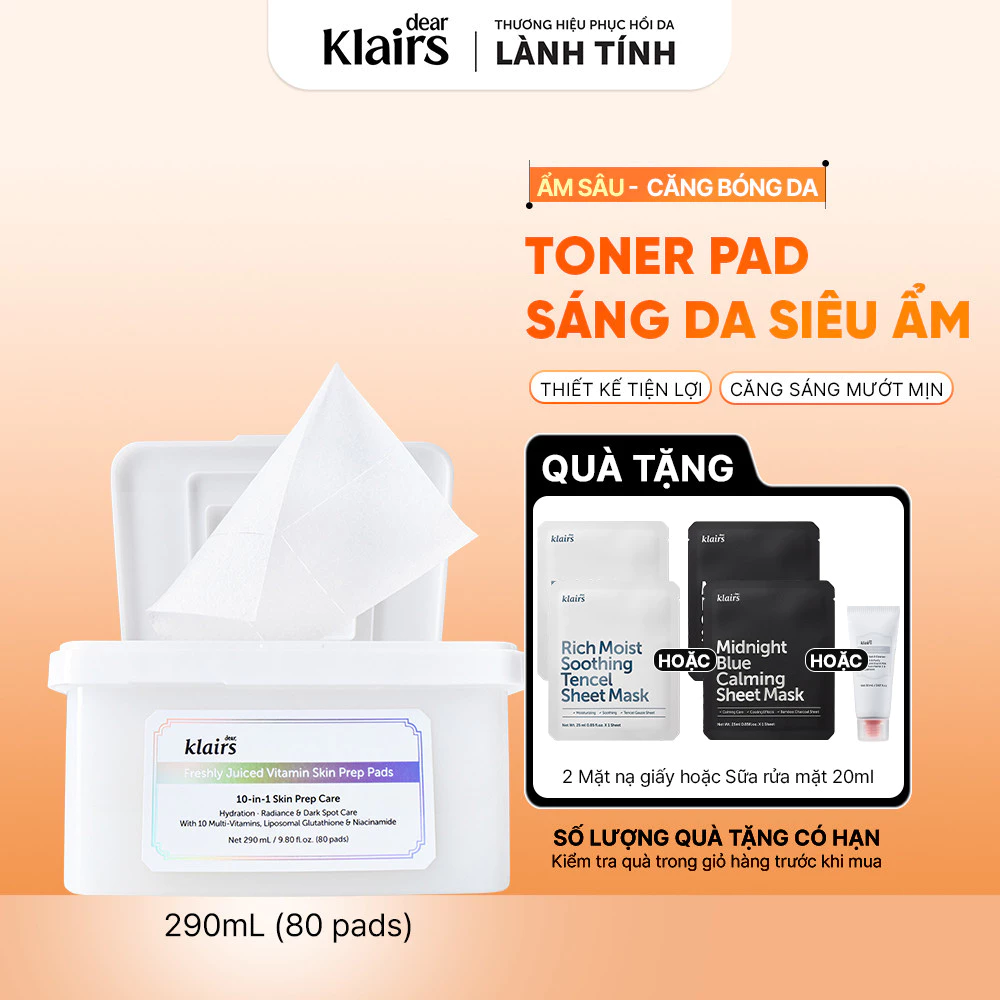 Mặt nạ giấy Dear, Klairs Freshly Vitamin Skin Prep Pads hỗ trợ sáng da, mờ thâm 290ml [FS]