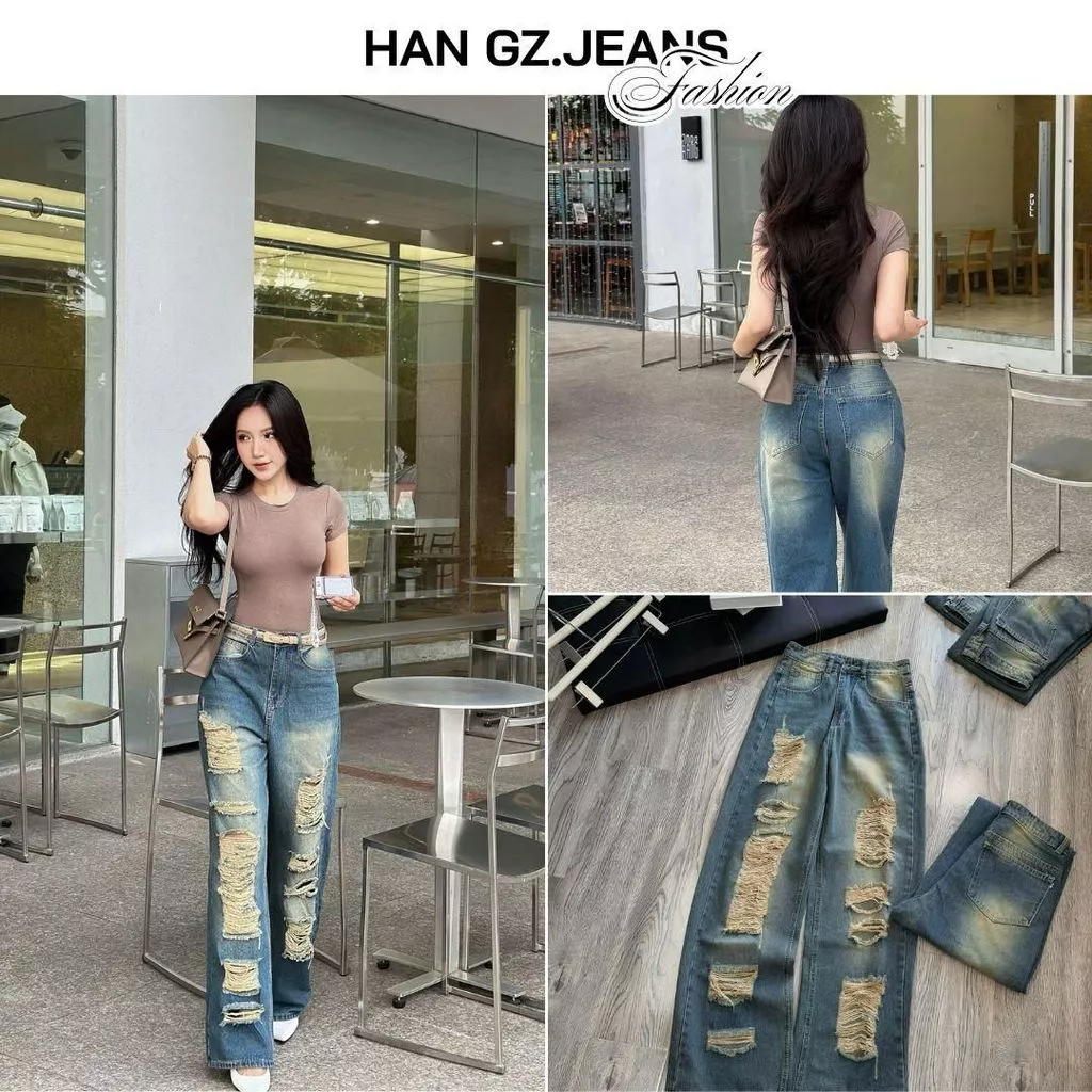 Quần Jean Nữ HAN.Gz Lưng Cao Ống Rộng Dáng Suông Rách R005 Chất Liệu Jeans Denim Không Co Giãn Bền Màu