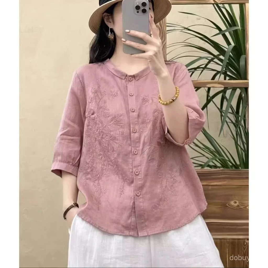 Áo sơ mi thêu hoa vải lanh màu hồng bụi dành cho nữ, cổ đứng Mini 3 / 4 tay phồng Nút xuống kiểu văn học thông thường