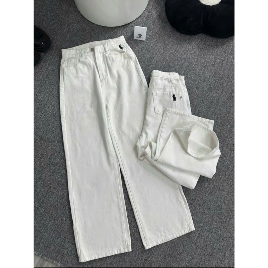 Quần jeans trắng ống suông thêu ngựa, jeans nữ cạp cao form suông rộng basic