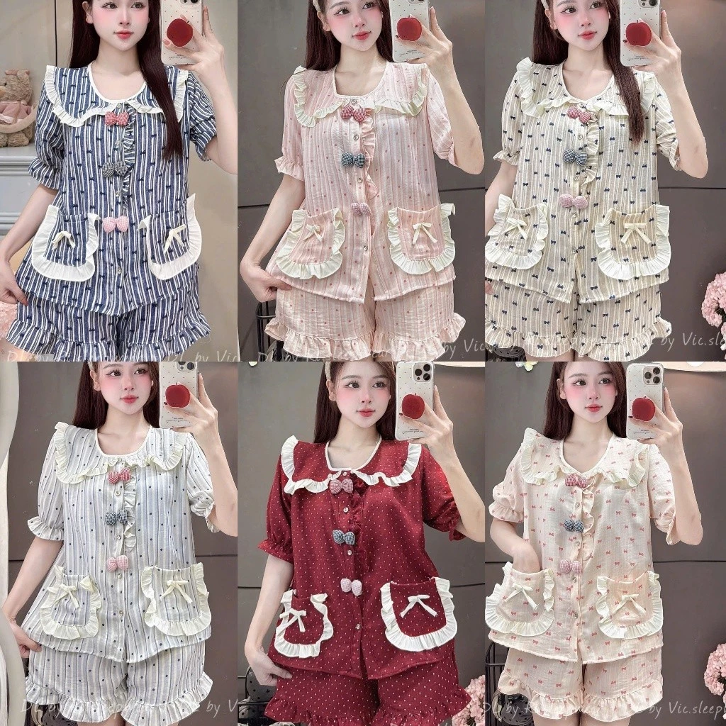 Bộ Đồ Ngủ Nữ Pijama JUSOKA Ngắn Tay Chất Liệu Đũi Vân Mây Cổ Sen Viền Bèo Đính Nơ Siêu Mềm Mịn DU38