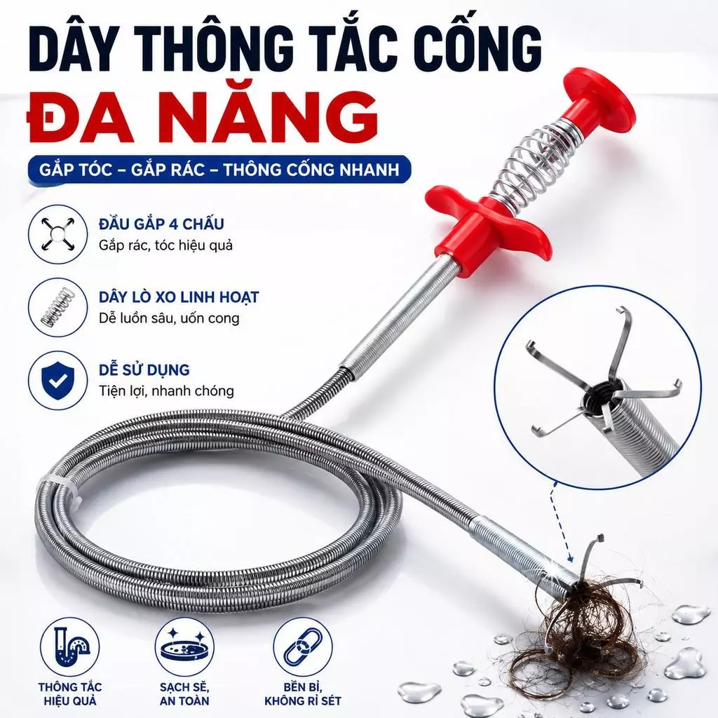 Dụng Cụ Thông Tắc Cống 60CM Cây Móc Rác Bồn Cầu Bồn Rửa Chén Có Kẹp Gắp Tóc Rác Thoát Nước Dễ Dàng - GD326