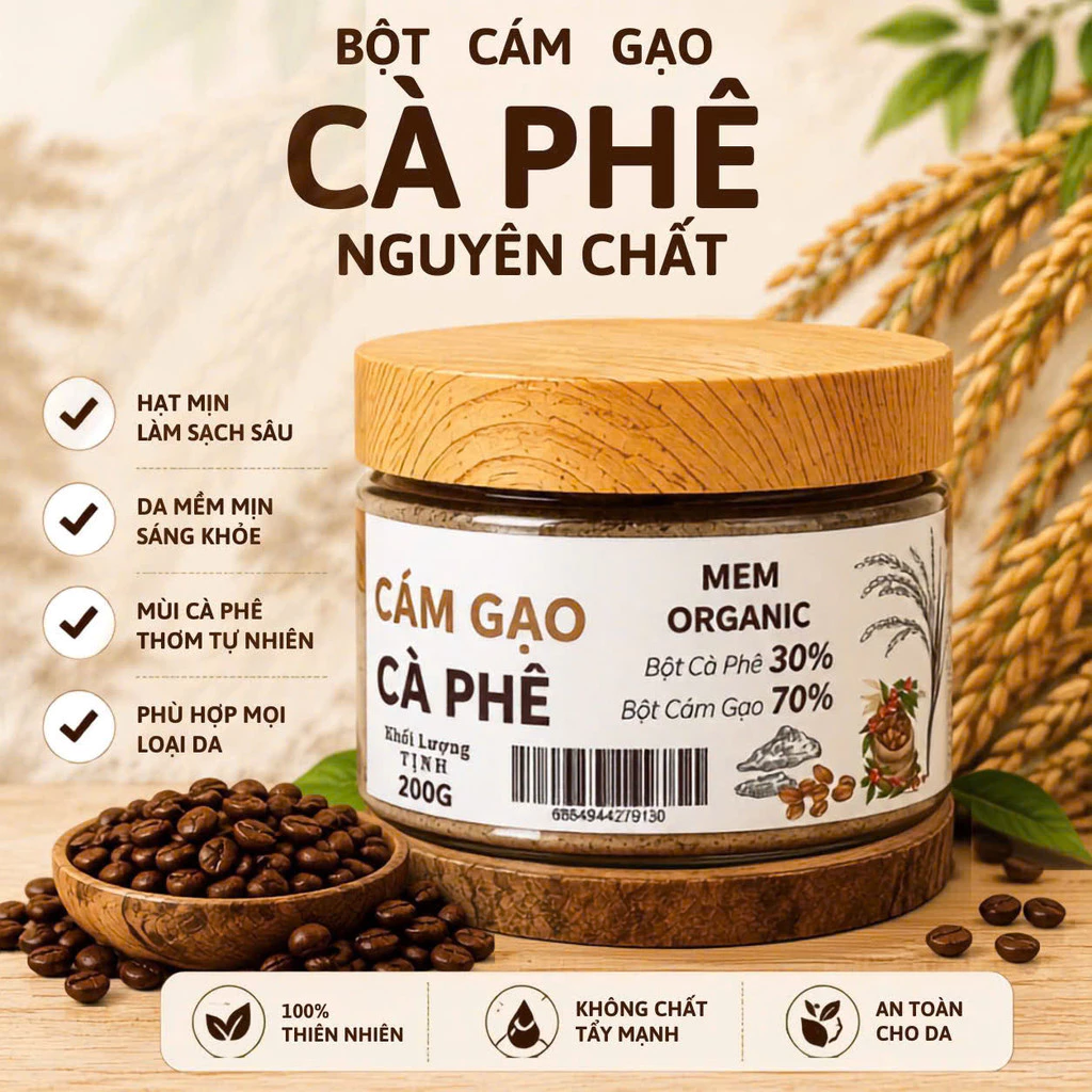Bột Cám Gạo Cà Phê 200G – Tẩy Tế Bào Chết Body, LÀM SẠCH VÀ DƯỠNG DA Heri Skin