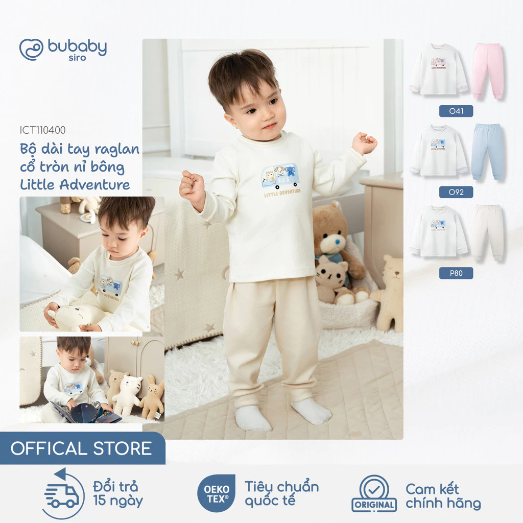 Bộ quần áo dài tay nỉ bông Little Adventure BU Baby, bộ dài bé trai bé gái thu đông | ICT110400
