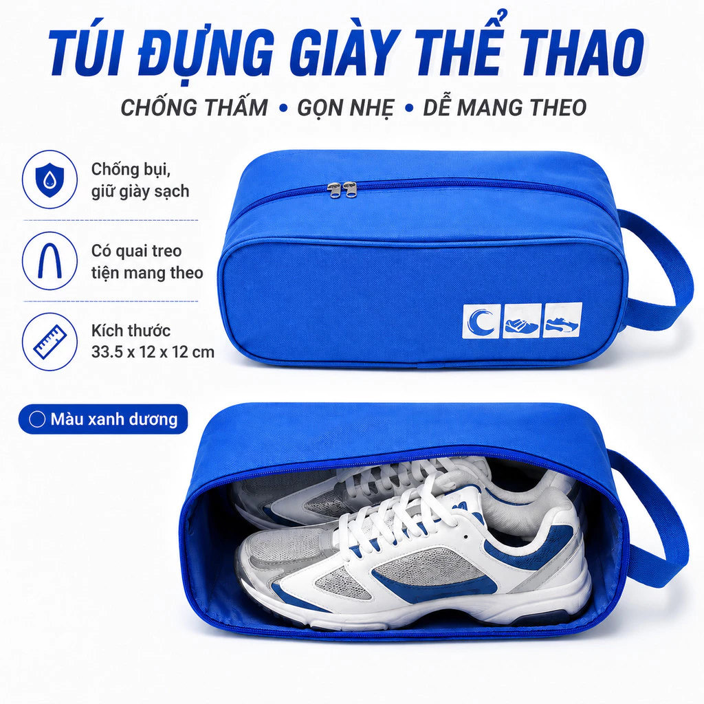 Túi Đựng Giày Dép Thể Thao Màu Xanh Dương 33x12x12cm, Có Khóa Kéo Dây Xách, Hỗ Trợ Chống Thấm Chống Bụi