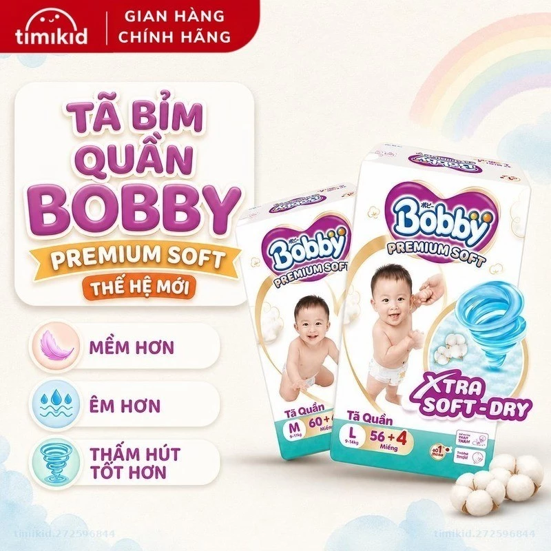 Tã Bỉm Quần Bobby Premium Soft Cộng Miếng Phiên Bản Cải Tiến Thế Hệ Mới, Mềm Hơn, Êm Hơn, Thấm Hút Tốt Hơn