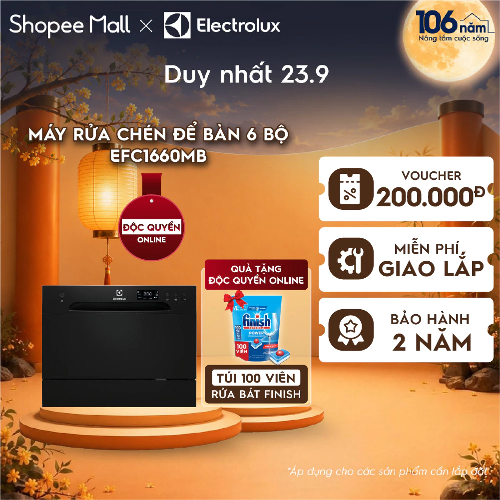 [Tặng 100 viên Finish] Free giao lắp - Máy rửa chén bát Electrolux để bàn 6 bộ 55cm Series 100 - Đen EFC1660MB
