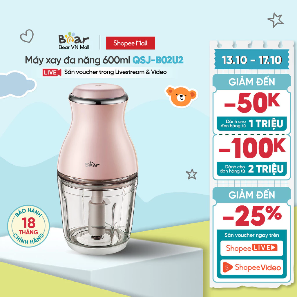 Máy Xay Thực Phẩm Đa Năng 600ml Bear QSJ-B02U2 - Chính Hãng - Bảo Hành 18 Tháng