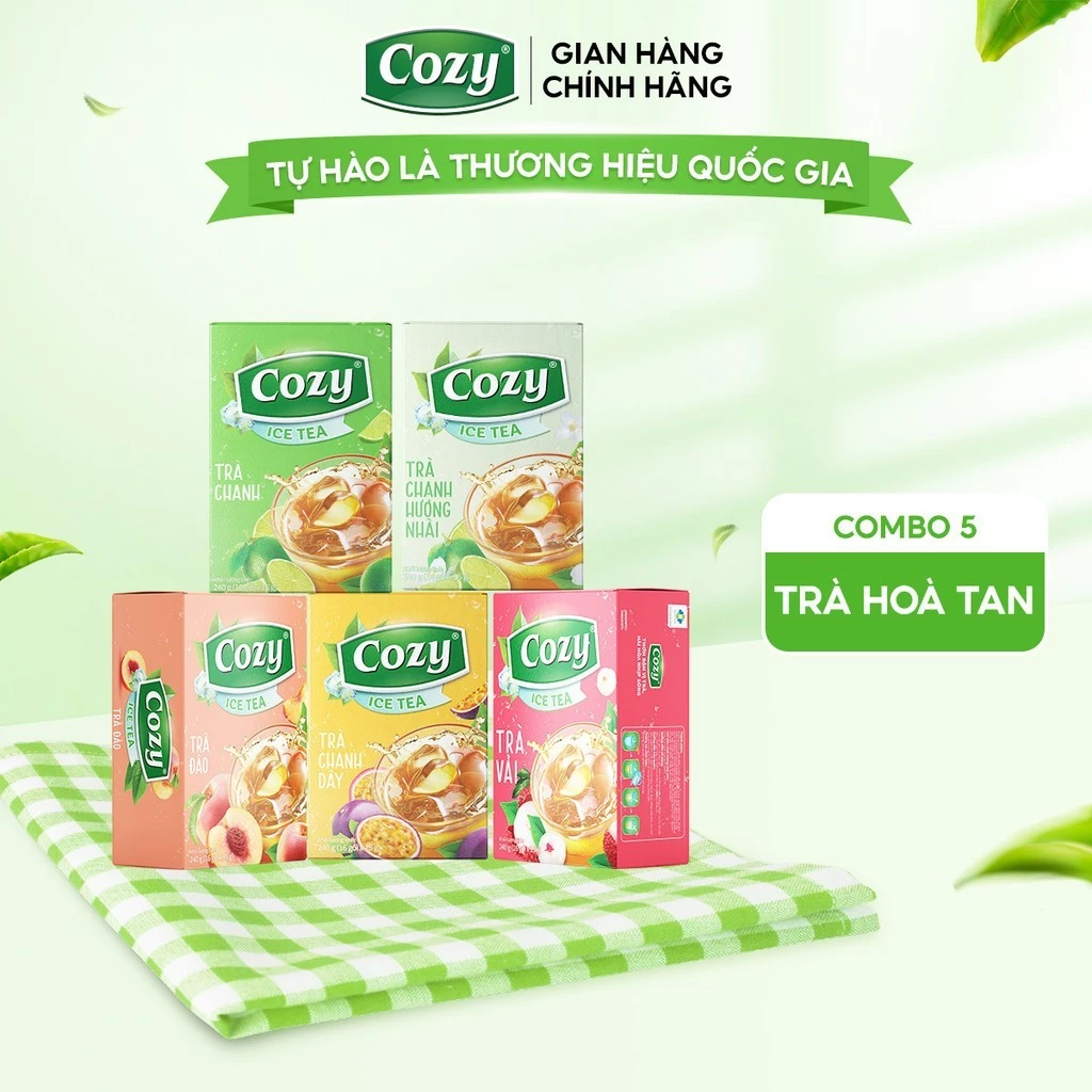 Combo Mix 5 Hộp 5 Vị Trà Hòa Tan Cozy Trà Đào, Chanh, Vải, Chanh Dây, Chanh Hương Nhài Thơm Ngon