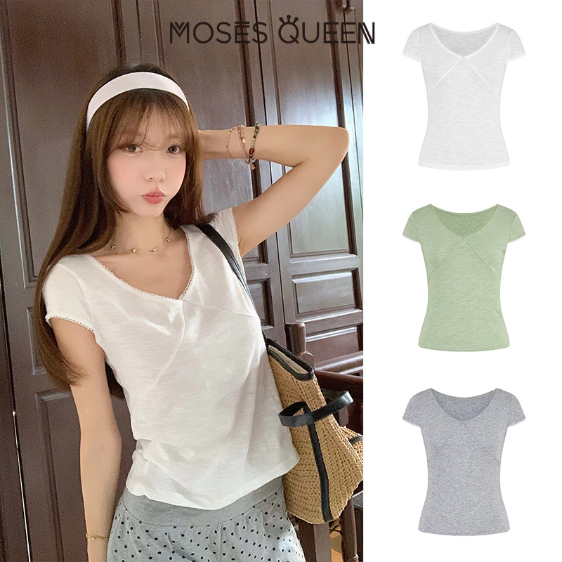 MOSESQUEEN Nữ Ren Xanh Cổ Chữ V Cotton Tee, Thiết Kế Thời Trang Mùa Hè Cotton Nguyên Chất Tay Ngắn Thường Ngày #63887