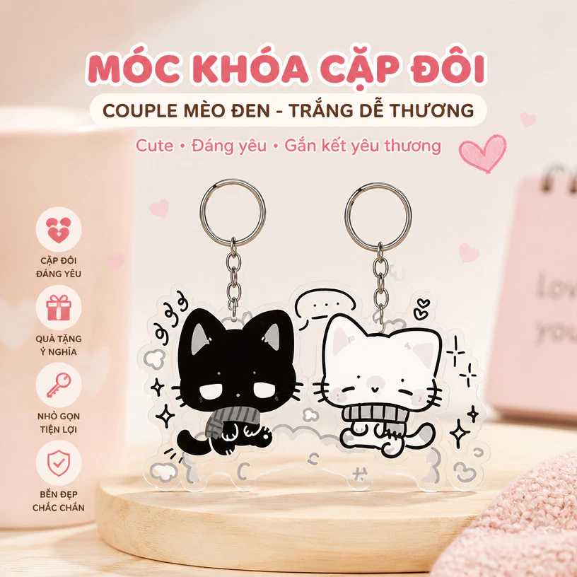 móc khoá cặp đôi couple dễ thương mèo đen trắng