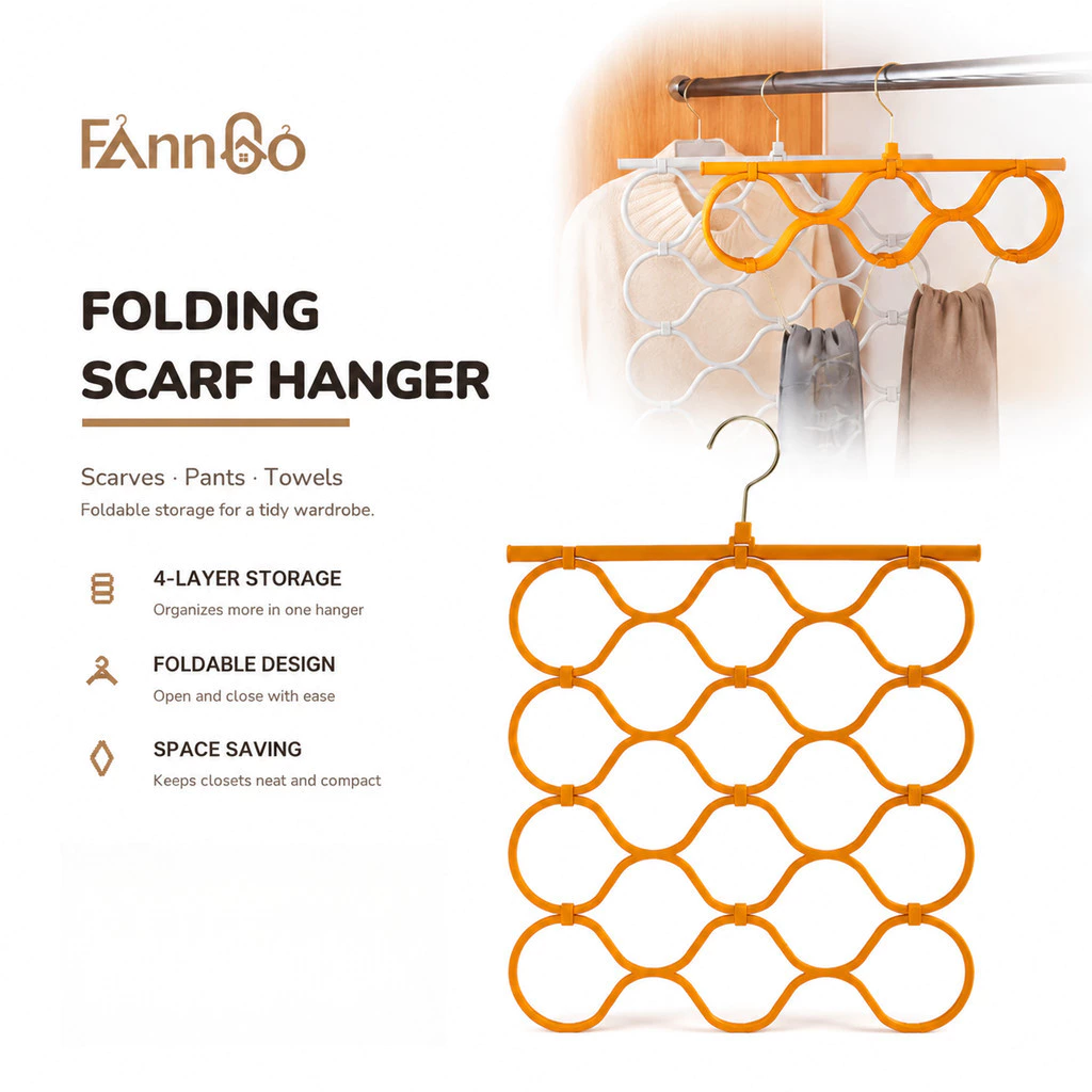 Móc treo khăn gấp 4 lớp FannGo (1 gói), Dụng cụ sắp xếp tiết kiệm không gian có thể gập lại đa chức năng, Giá đỡ đa năng cho khăn quàng cổ, dây buộc và lưu trữ hàng ngày