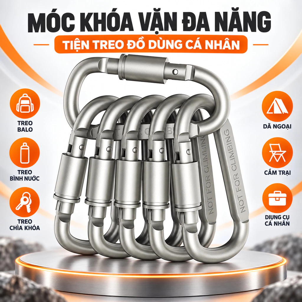 Móc Khóa Nhôm Carabiner Chữ D Có Ren Vặn Chốt, Móc Treo Balo Chìa Khóa Cắm Trại Nhẹ 22g