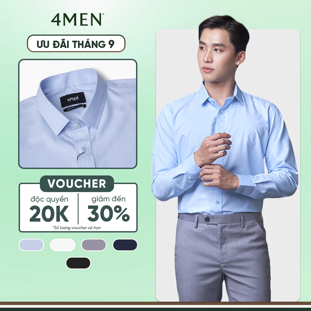 Áo sơ mi nam trơn slimfit 4MEN SM079 cổ bẻ cơ bản, vải modal - sợi gỗ sồi chống nhăn, mềm mịn