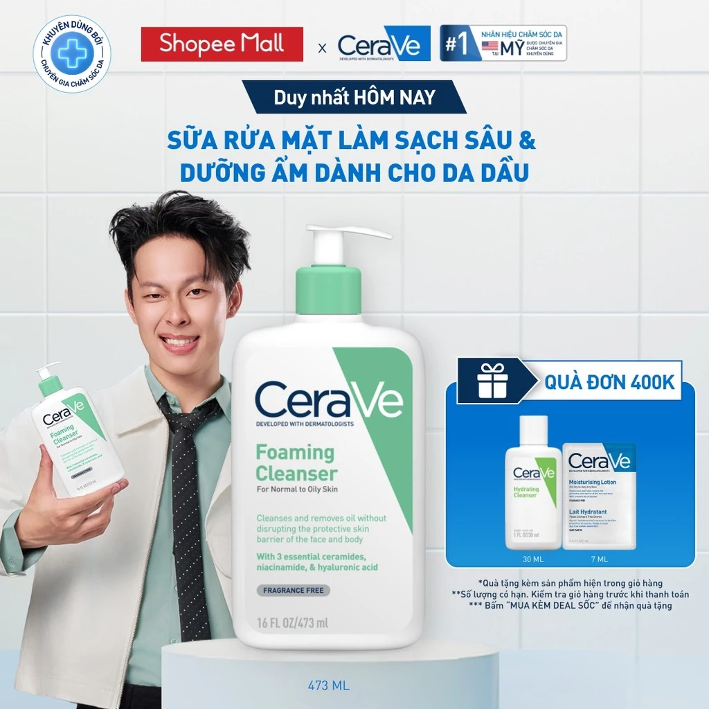 Sữa rửa mặt foaming giúp làm sạch sâu và dưỡng ẩm dịu nhẹ dành cho da dầu - CeraVe Foaming Facial Cleanser 473ML