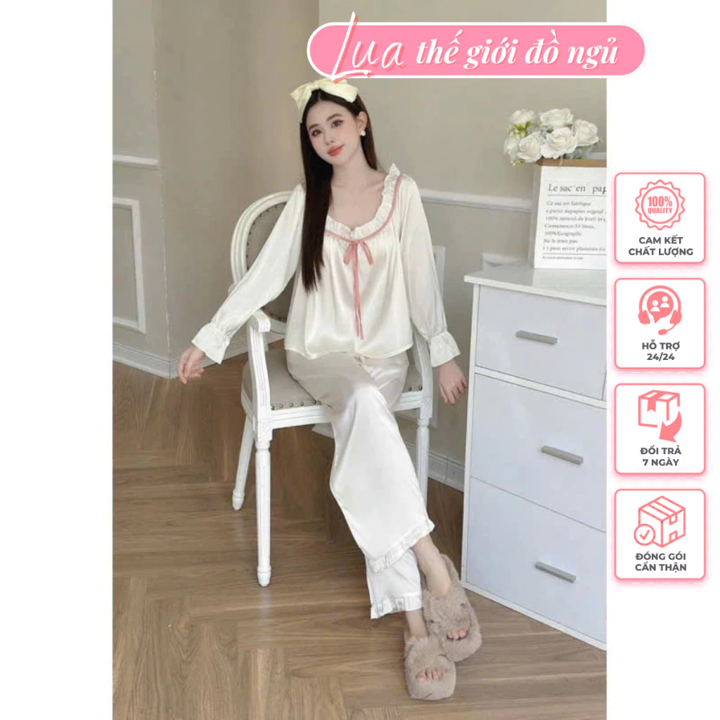 Bộ Đồ Ngủ Lụa Lantin Cổ Tròn - Viền Bèo Dài Tay Tiểu Thư Xinh Xắn Sang Trọng B96584