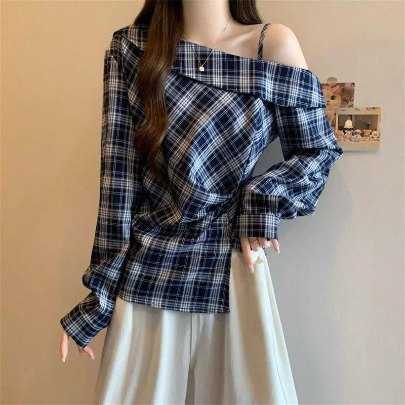 [Ưu đãi trong thời gian có hạn 50%] Áo sơ mi dài tay cổ chéo kẻ sọc cỡ lớn lệch vai không đều Vỏ bọc eo hẹp bụng mỏng hơn