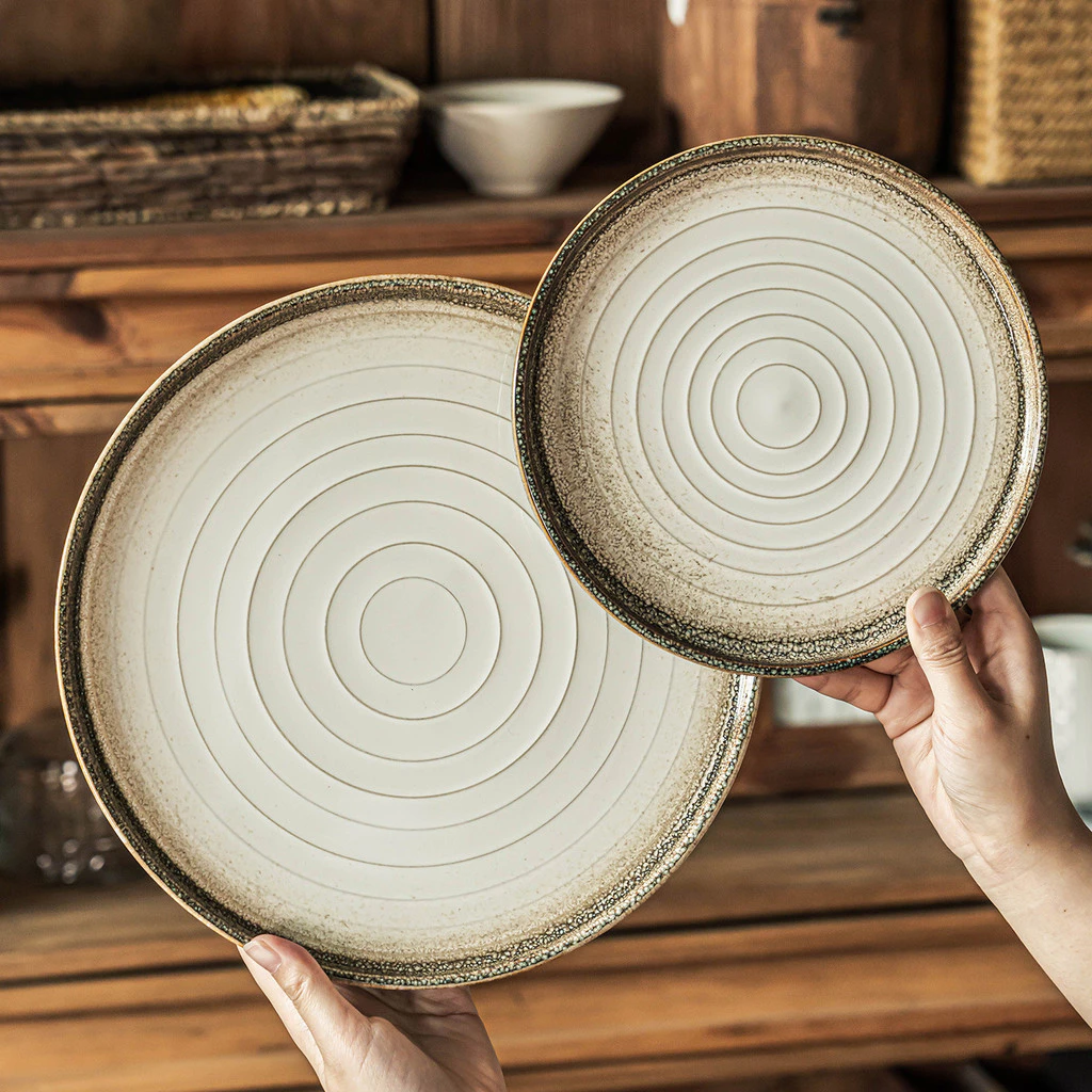 [Sản phẩm mới] Đĩa bát gốm phong cách Nhật Bản Bộ đồ ăn ren cổ điển Đĩa tròn Đĩa lớn bát gia dụng Món tráng miệng