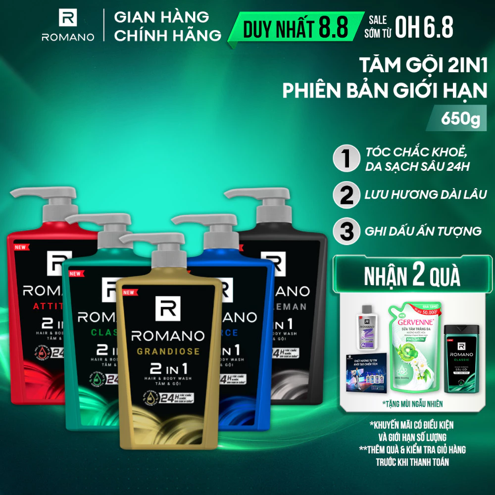 Tắm gội cho nam 2 trong 1 hương Nước hoa nam Romano 2in1 650g/chai đang được đối chiếu cho người mua tại Việt Nam
