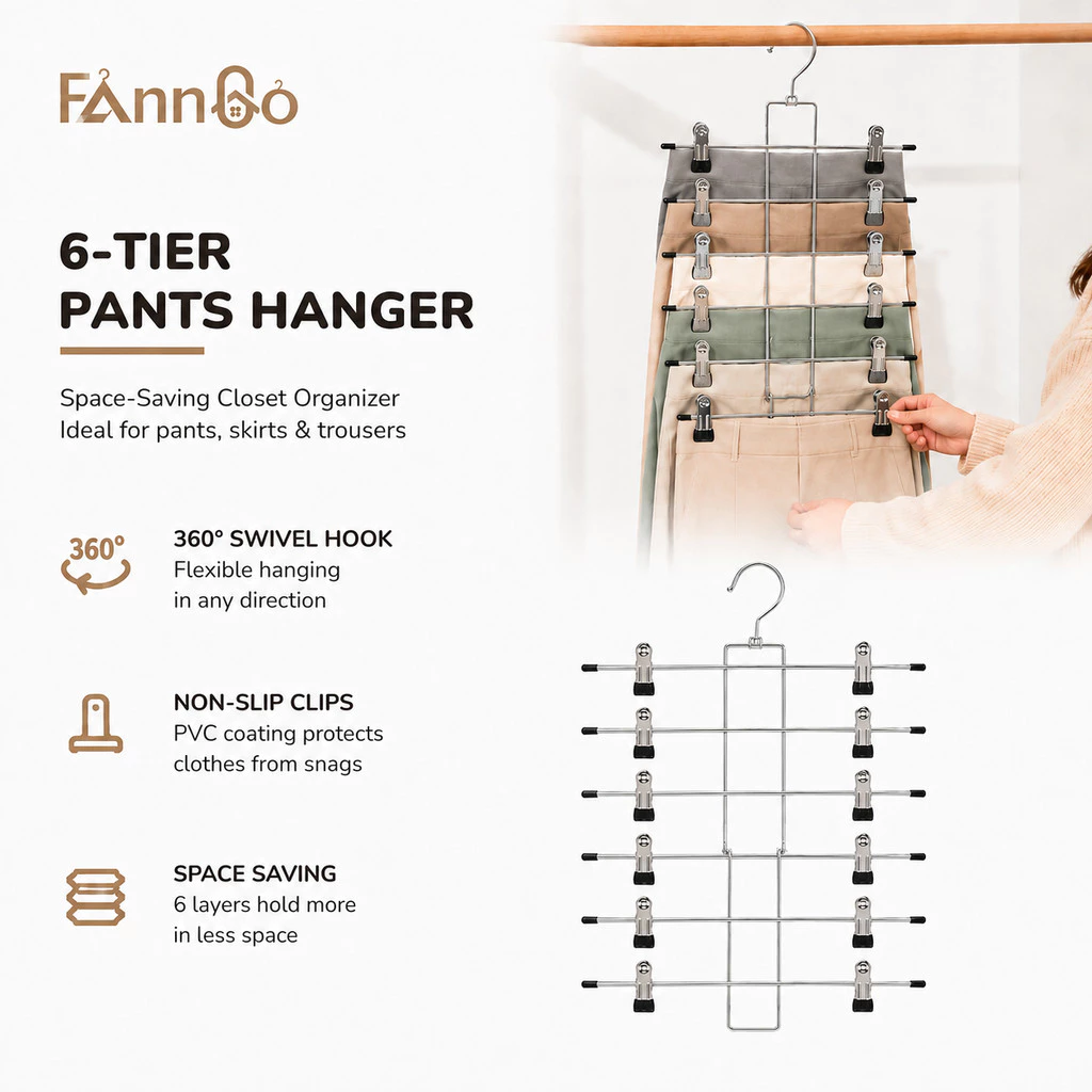 Móc treo quần 6 tầng FannGo (1 gói) Dụng cụ sắp xếp tủ áo có kẹp, 360° Móc xoay, tiết kiệm không gian, lý tưởng cho quần, váy và quần lưu trữ