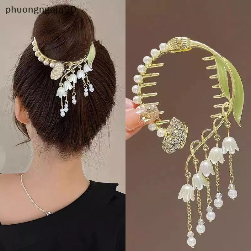 Kẹp tóc đuôi ngựa có khóa cài tóc tua rua ngọc trai Kim cương giả