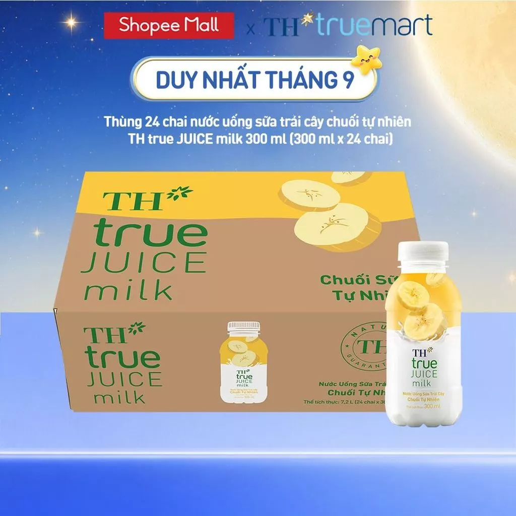 Thùng 24 chai nước uống sữa trái cây TH true JUICE milk hương vị chuối tự nhiên 300 ml (300 ml x 24)