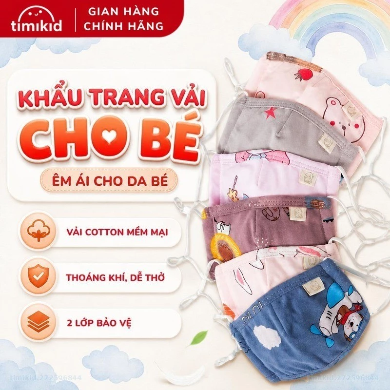 Khẩu Trang Vải 4 Lớp Cho Bé Có Nút Chỉnh Quai Đeo, Chất Liệu Cotton Thông Thoáng