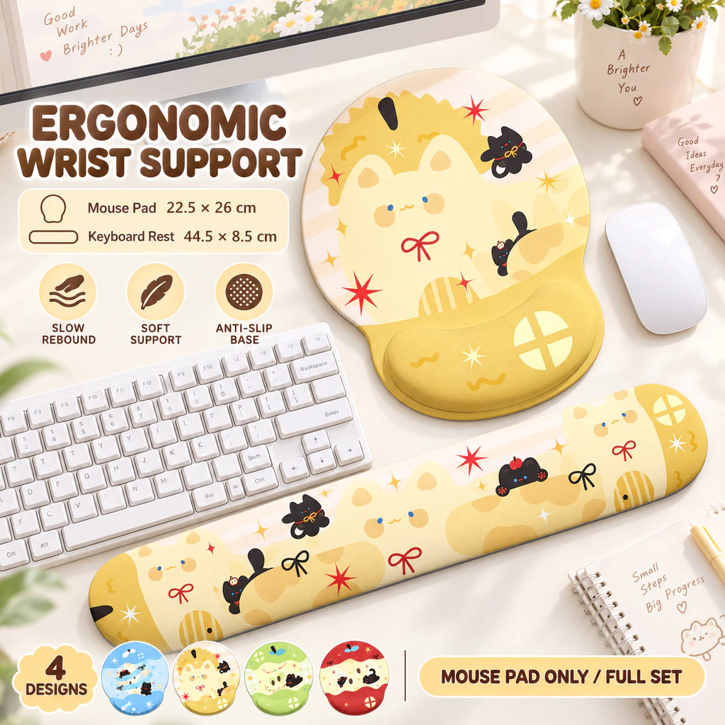 Miếng Lót Chuột Kê Cổ Tay Hình Táo Mèo 22.5x26cm Đệm Memory Foam Kèm Kê Tay Bàn Phím 44.5x8.5cm Chống Trượt