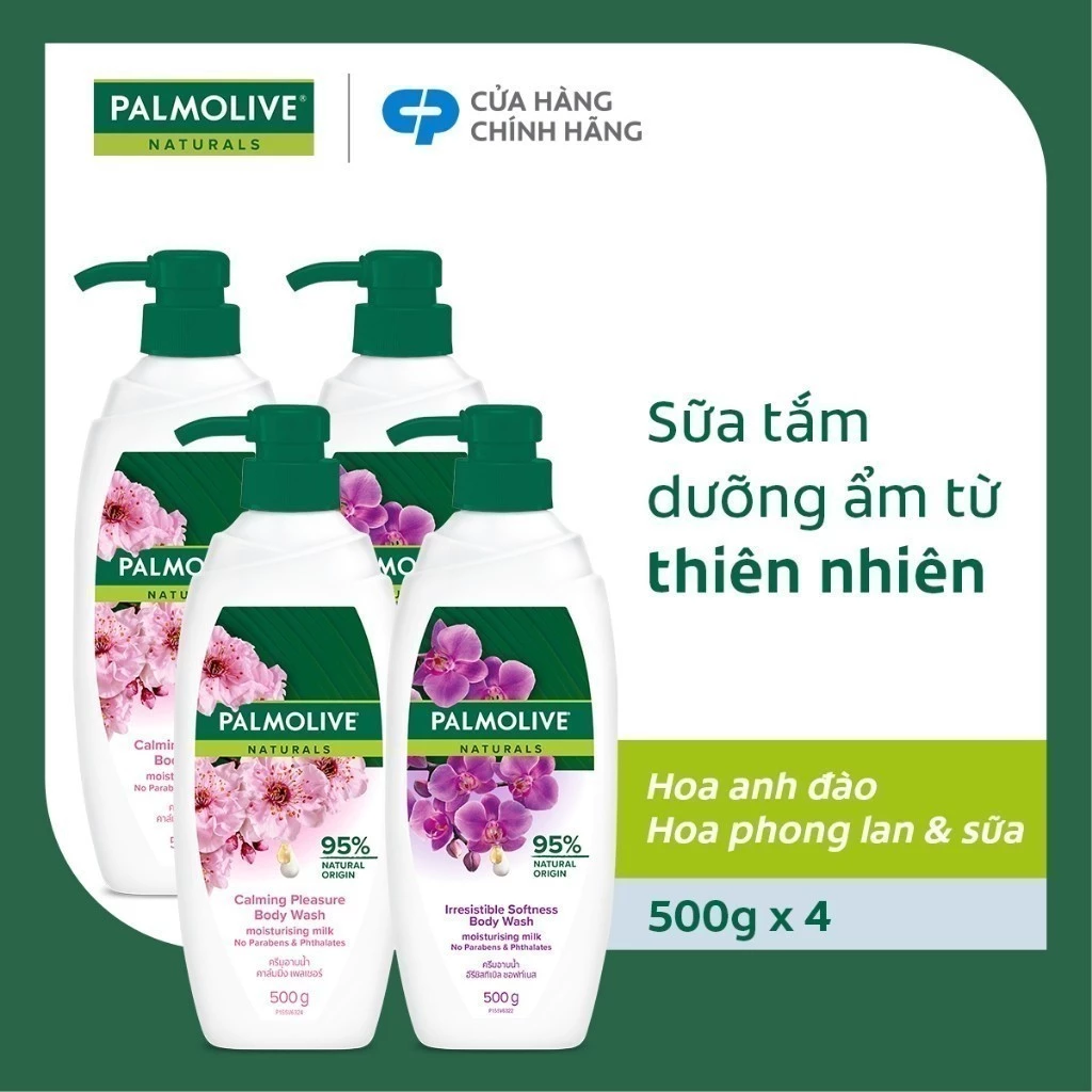 Bộ 4 Sữa tắm Palmolive 95% thiên nhiên chiết xuất từ hoa Anh Đào & Phong Lan 500g/chai