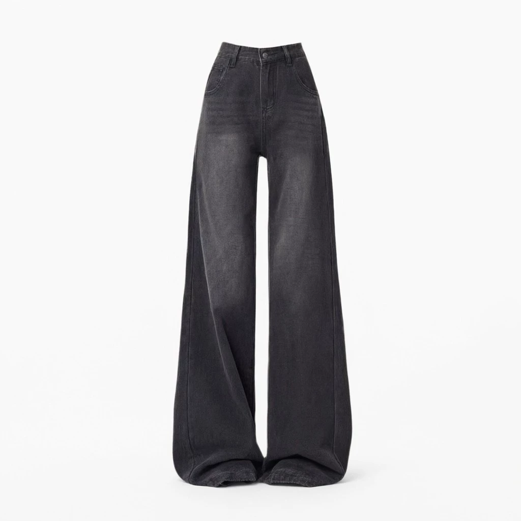 Quần Jeans Ống Rộng Cạp Cao Xám Khói Wash Phong Cách American Retro