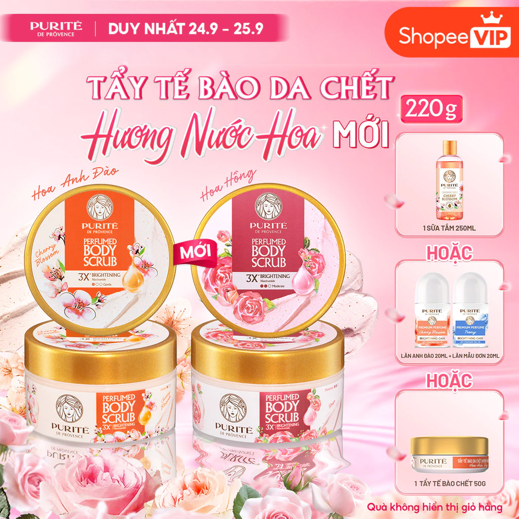 [SVIP] Tẩy Tế Bào Chết Dưỡng Sáng PURITÉ Hương Anh Đào/Hoa Hồng 220G Tặng 2 Lăn Khử Mùi 20ml/Sữa Tắm 250ml/Tẩy TBC 50G