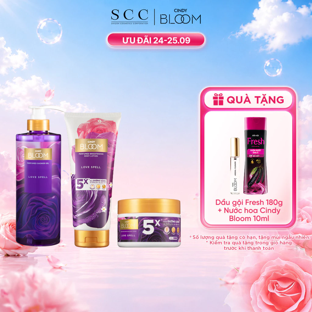 Combo Sữa Tắm 640g, Dưỡng Thể 300g & Tẩy Da Chết 220g Cindy Bloom Làm Sạch & Dưỡng Sáng