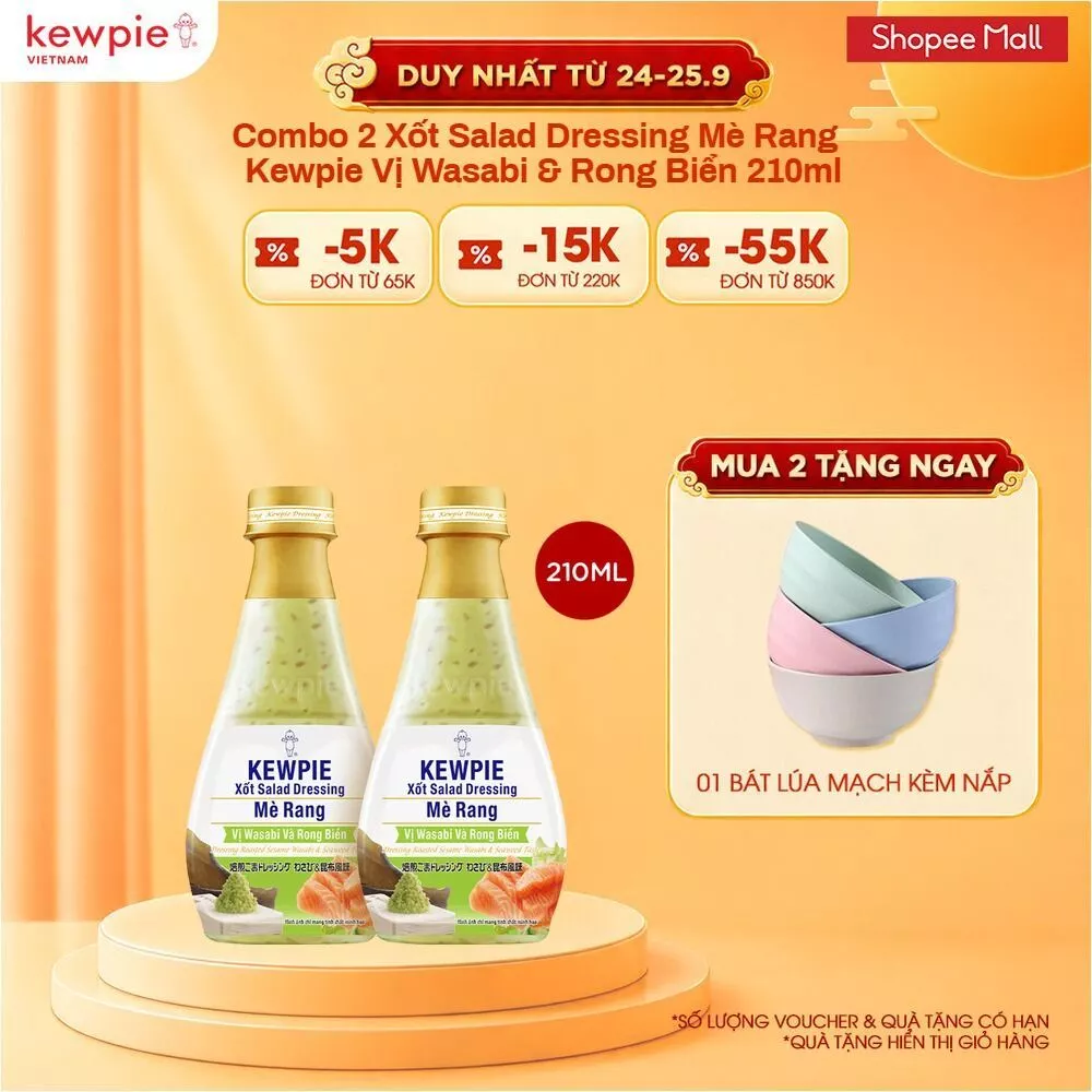 Combo 2 Xốt Salad Dressing Mè Rang Kewpie Vị Wasabi & Rong Biển 210ml