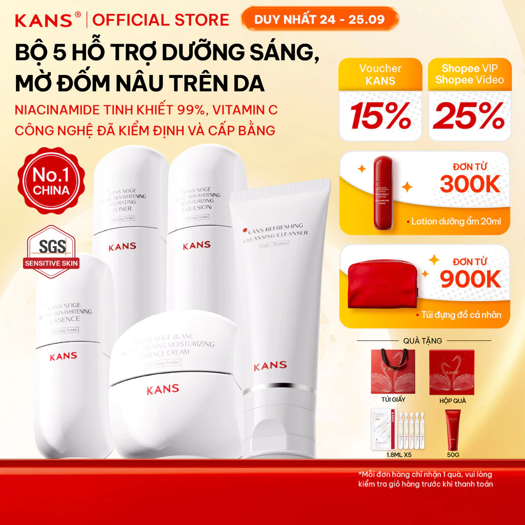 KANS Combo 5 Món Dưỡng Trắng Da Toàn Diện Sữa Rửa Mặt - Toner - Lotion - Serum - Kem Dưỡng giúp Dưỡng Ẩm, Giảm Thâm Mụn
