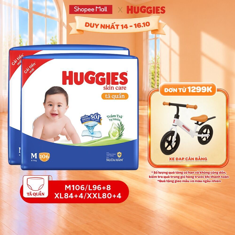 Combo 2 Tã/Bỉm quần Huggies Skincare Mega Jumbo M106/L96+8/XL84+4 với tràm trà…