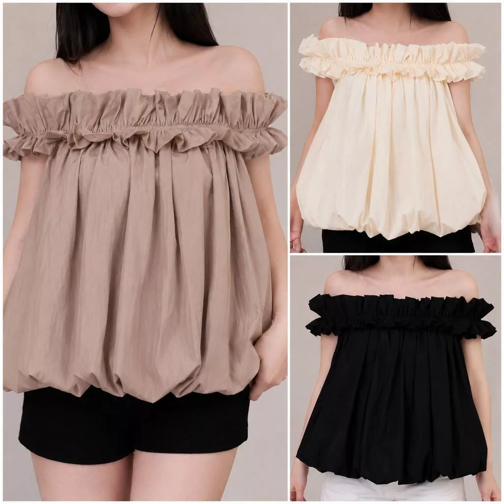 Áo Kiểu Babydoll Trễ Vai Nữ Nhún Bèo Dáng Xòe Phồng, Áo Hở Vai Cổ Chun Tay Ngắn Phong Cách Hàn Quốc Dễ Thương Hot