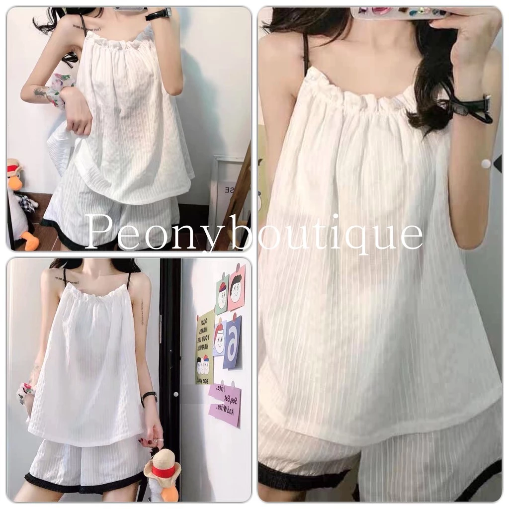 Set 2 Dây Trắng Đũi Nhăn PEONYB Nữ [FREESHIP] 🌸 Bộ ngủ quần voan ống rộng, áo thun lụa mát mặc ở nhà bánh bèo Ulzzang 🌸