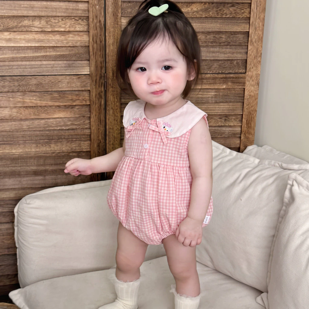 Mùa Hè Bé Gái Hồng Ca Rô Dễ Thương Nơ Cotton Mềm Mại Không Tay Romper 0-24 Tháng Quần Áo Cho Bé
