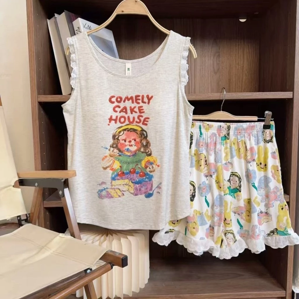 Bộ Đồ Ngủ Nữ Bộ Đồ Ngủ Mùa Hè Ánh Sáng Thoải Mái Có Thể Thở Tốt Quần Short Không Tay Bộ 2 Món Có Thể Mặc Bên Ngoài Đồ Gia Đình Dễ Thương